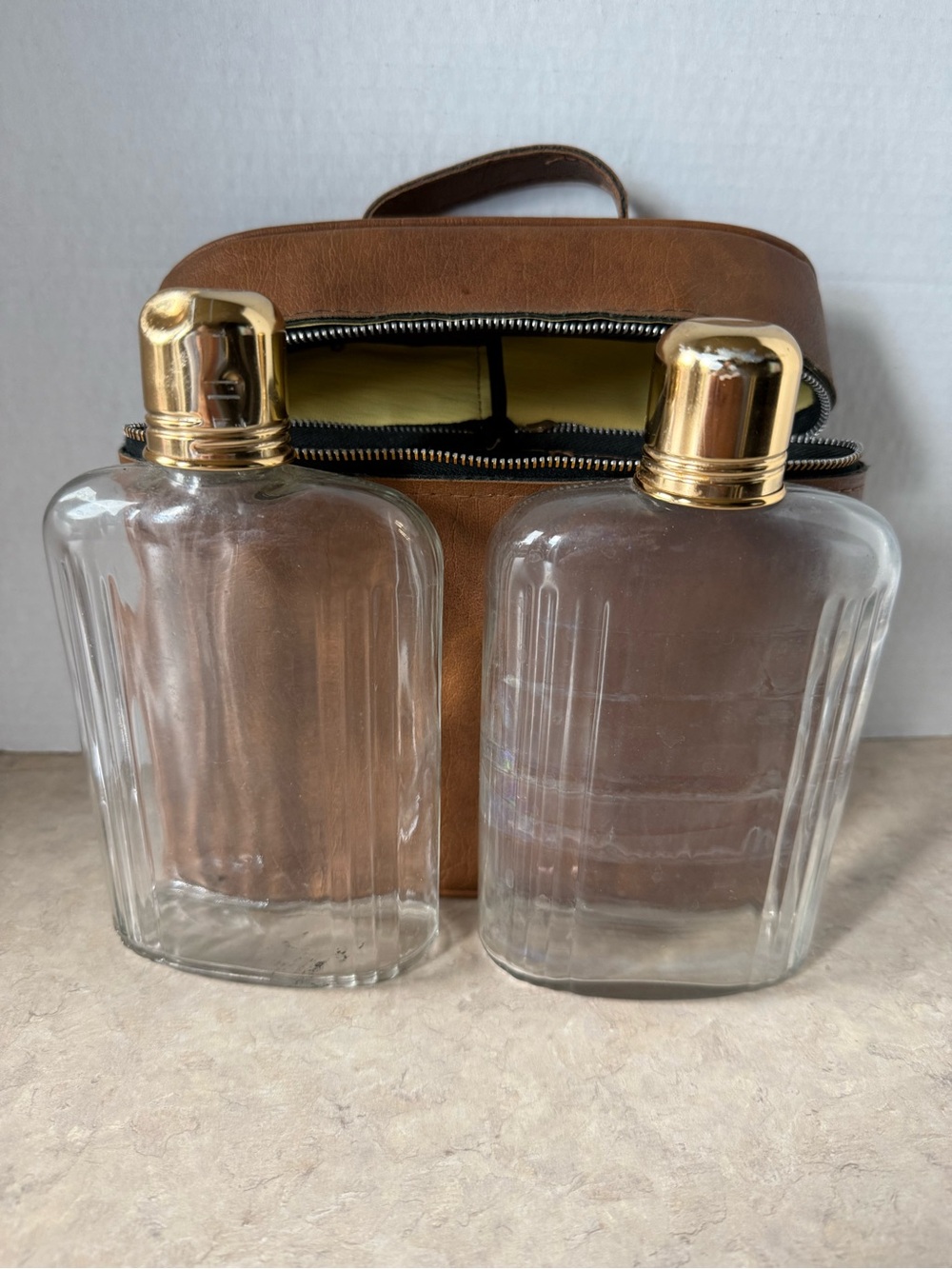 Vintage Mid Century Twin Glass Flask Set Ribbed Glass Brown Leather Travel Case